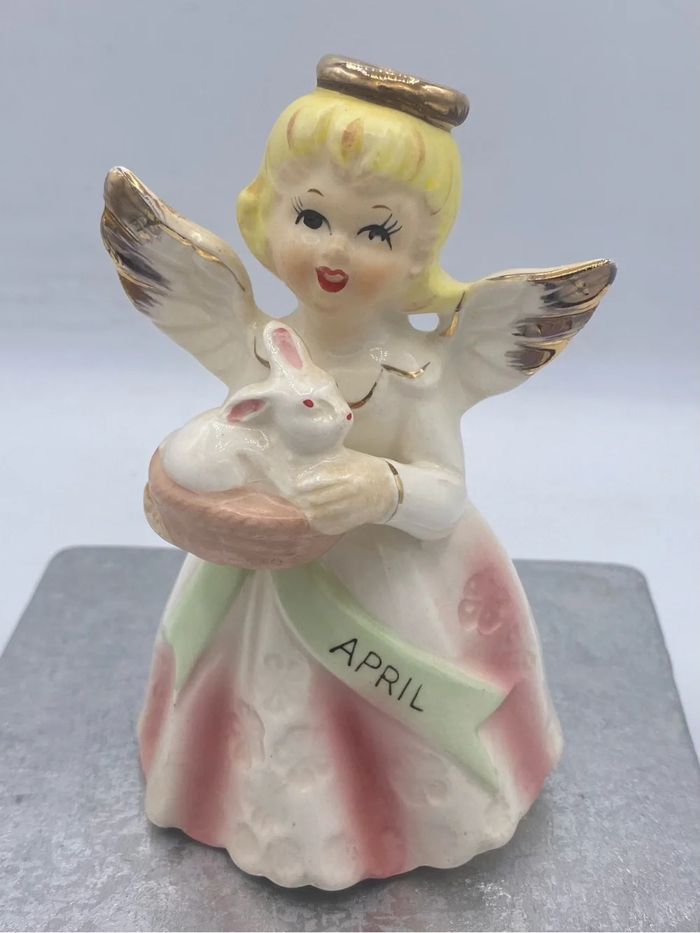Vintage Japanese April Angel With Bunny Figurine Easter Holiday Collectible